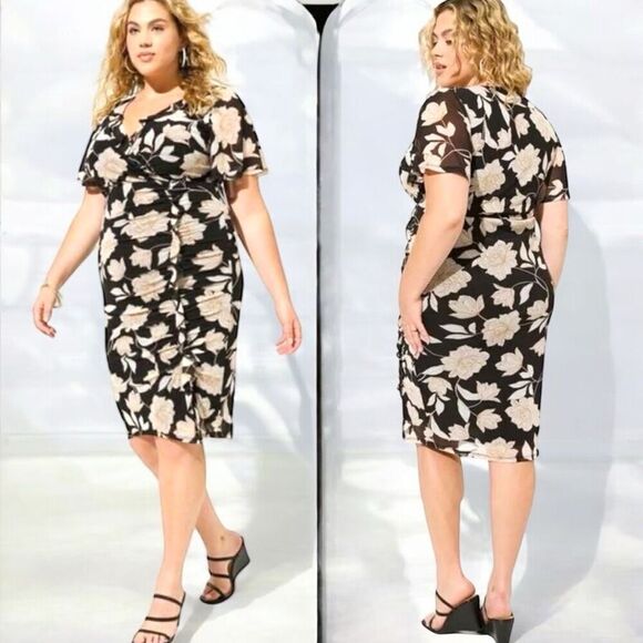 torrid Dresses & Skirts - Torrid Floral At The Knee Mesh Surplice Ruffle Slit Dress Size 2 2XL NWT